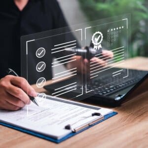 Customer Satisfaction Guarantee concept on virtual screens,Employees use laptop check conditions quality assurance pare part of car in digital document and customer rating to service experience online