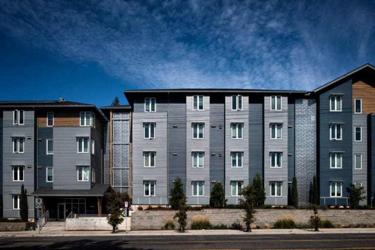 An exterior view of Hazel Heights Apartments located at 12621 SE Stark Street in Portland, Oregon.
