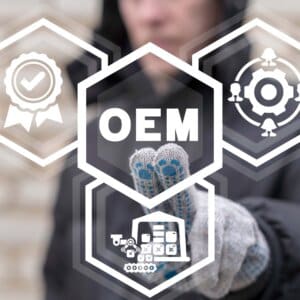 Concept of OEM Original Equipment Manufacturer. Engineer using v