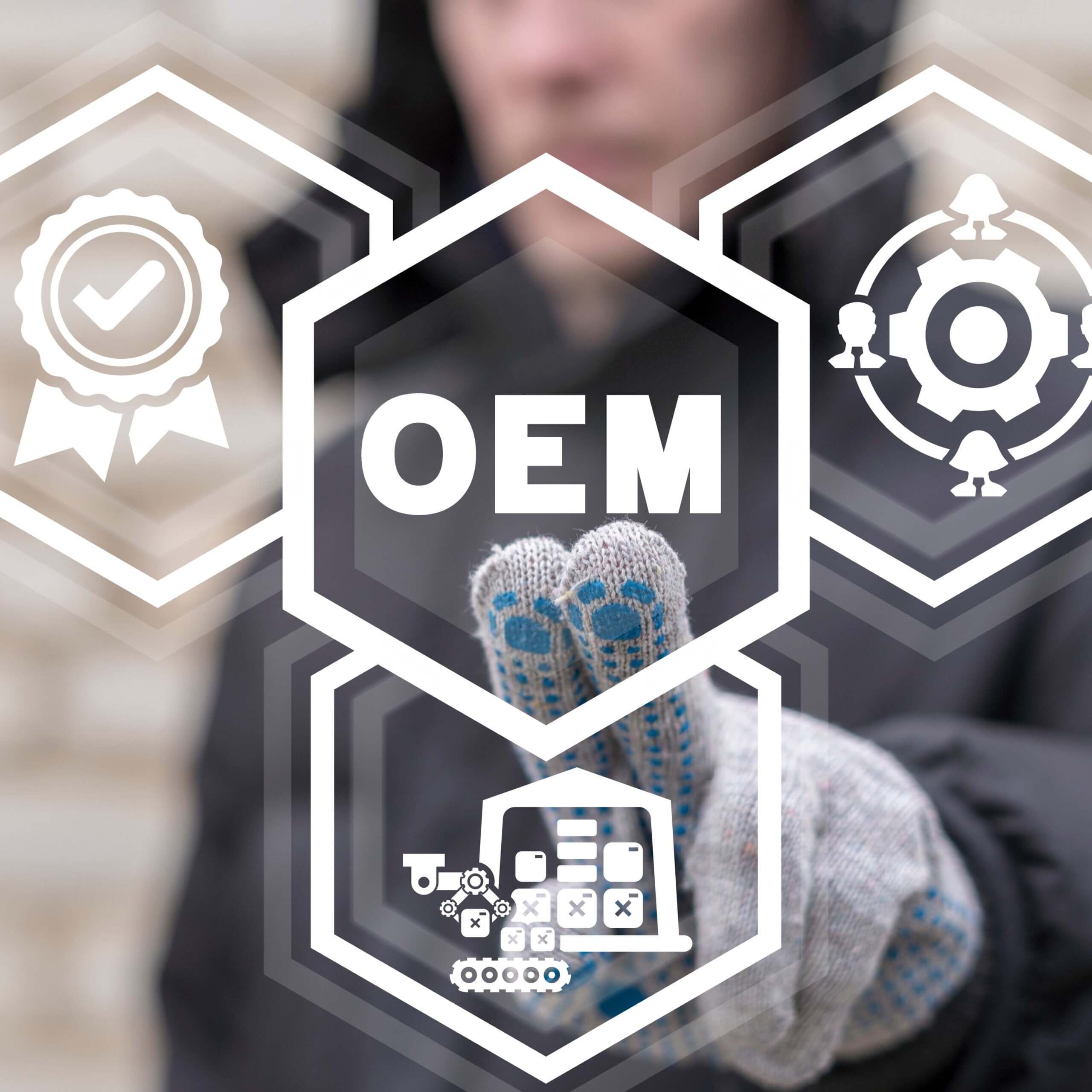 Concept of OEM Original Equipment Manufacturer. Engineer using v
